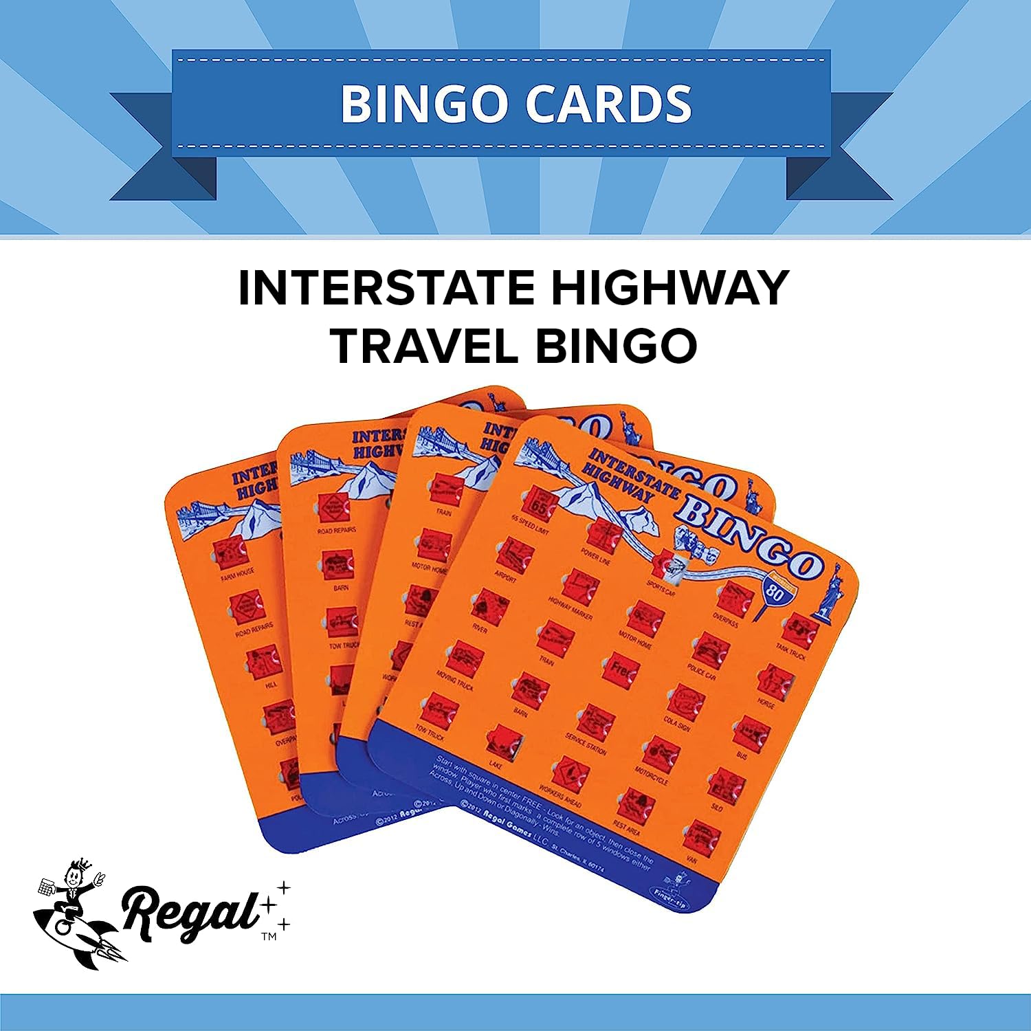 Regal Games interstate highway bingo cards designed for family road trips and shared fun.