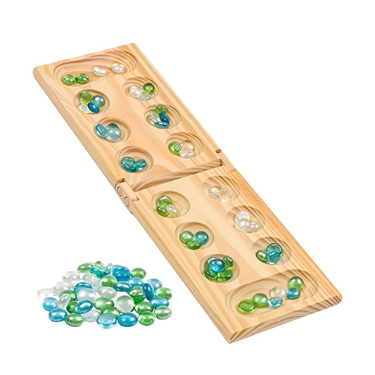 Regal Games Mancala board, foldable wooden design for quick setup.