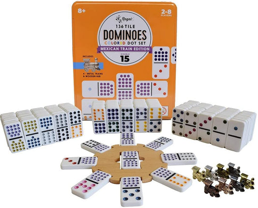 Regal Games Mexican Train dominoes with colorful dots for quick recognition during play