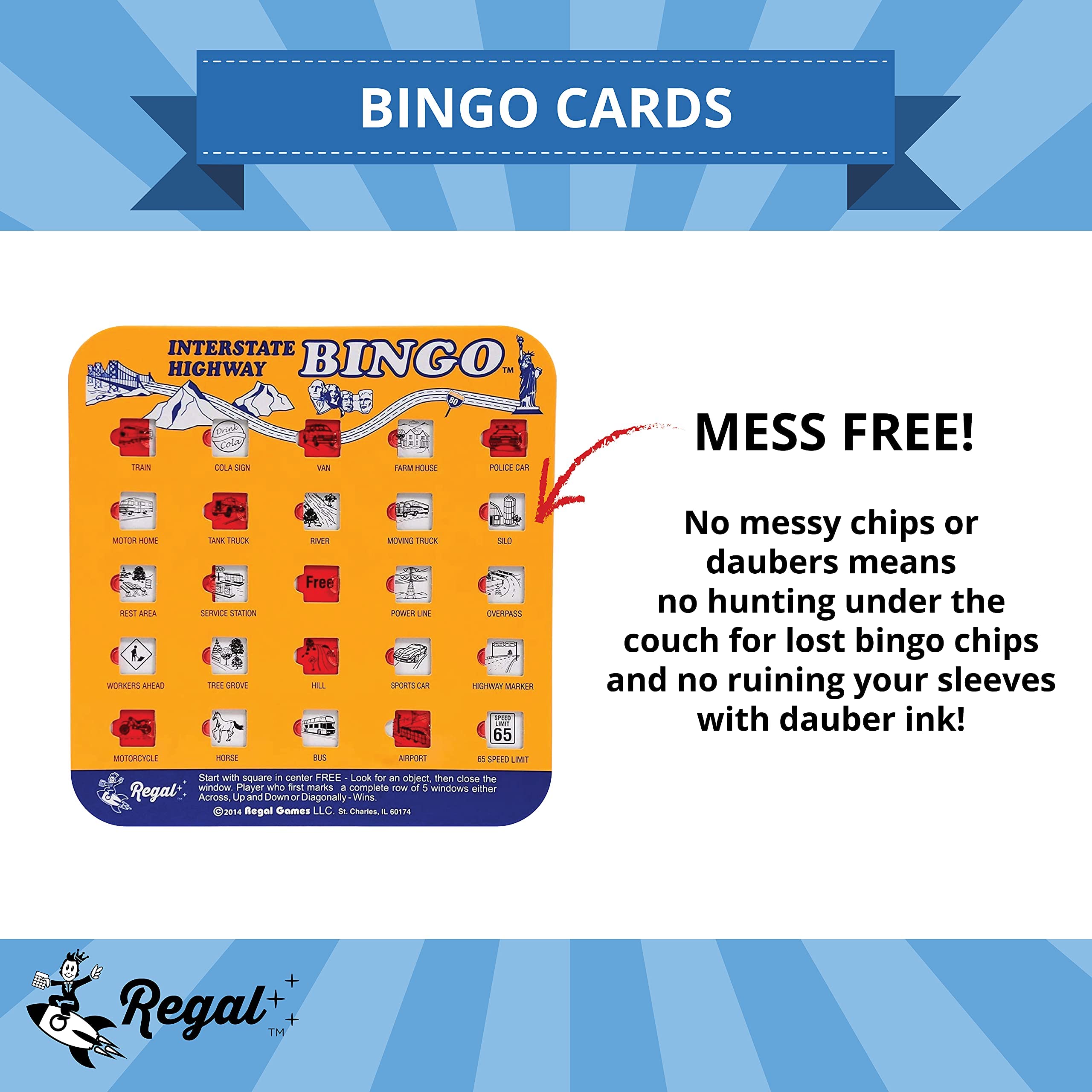 Regal Games no chips and daubers design simplifies setup and quick play.