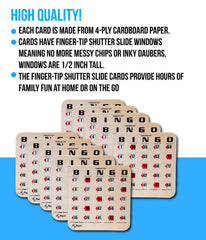 Regal Bingo cards with sliding windows keep play neat and chip-free.