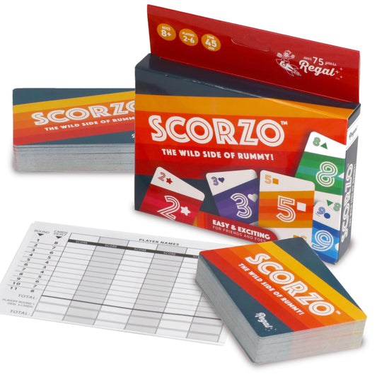 Regal Games ScorZo Rummy deck front with vibrant colors for lively family play.