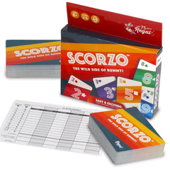 Regal Games ScorZo Rummy deck front with vibrant colors for lively family play.