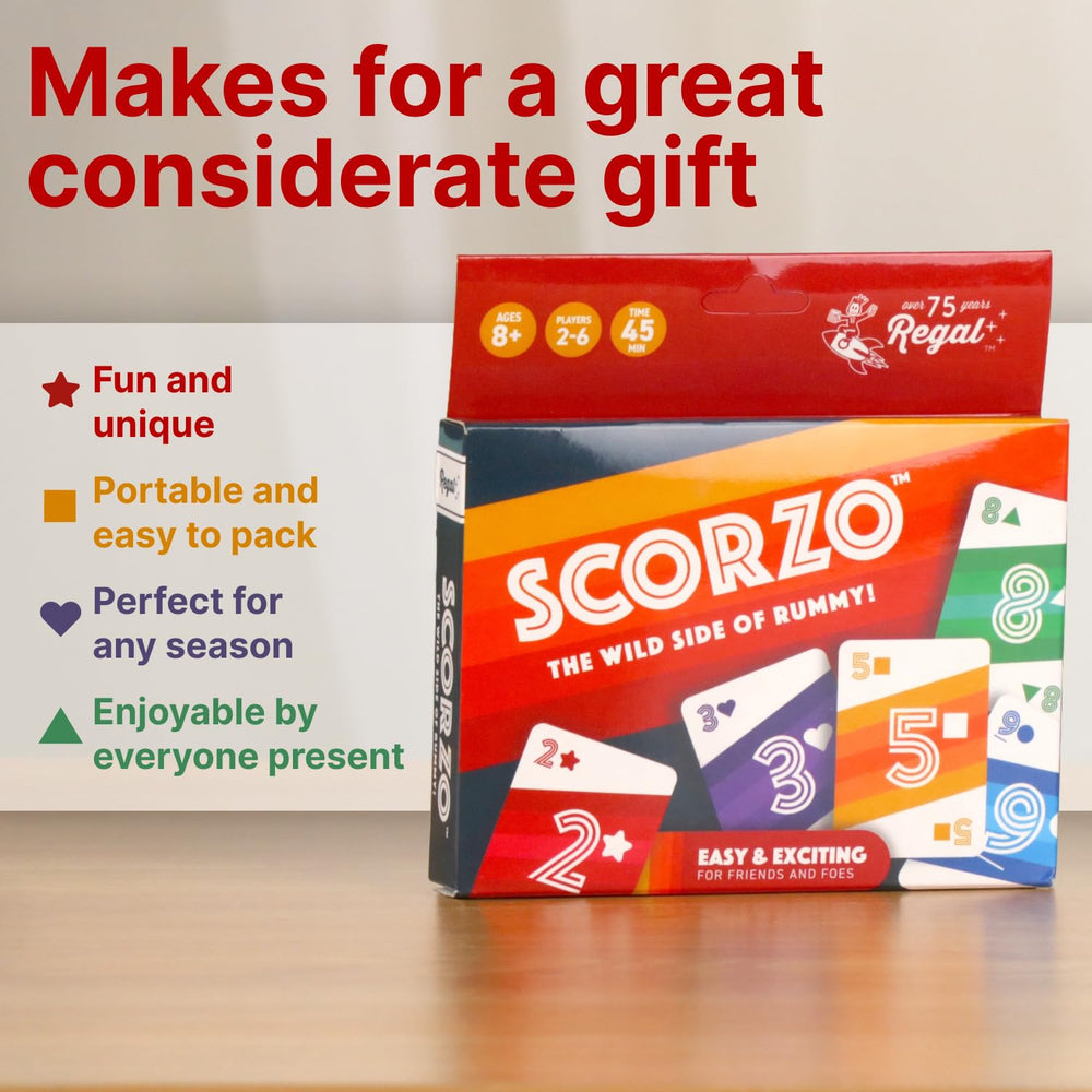 Regal Games ScorZo Rummy table setup with clear digits for quick decisions.