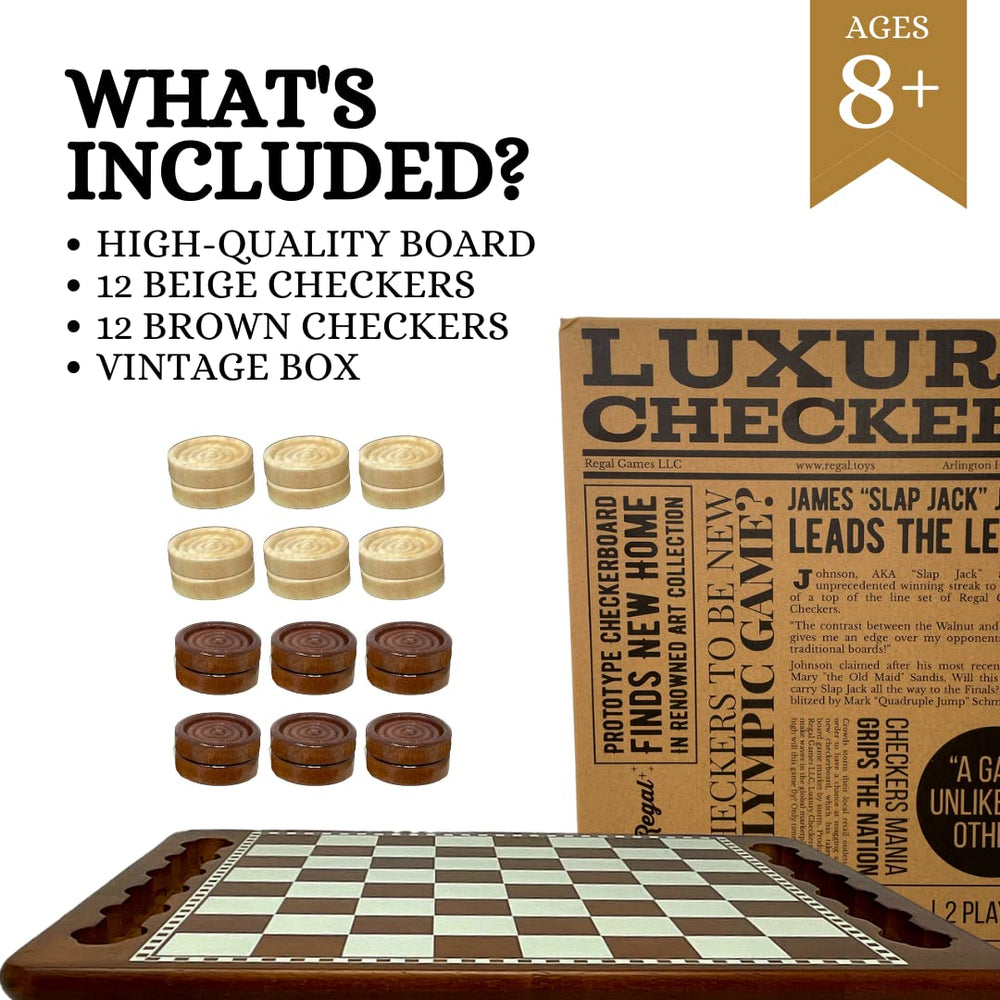 Regal Games wooden checkers and board offer sturdy construction.
