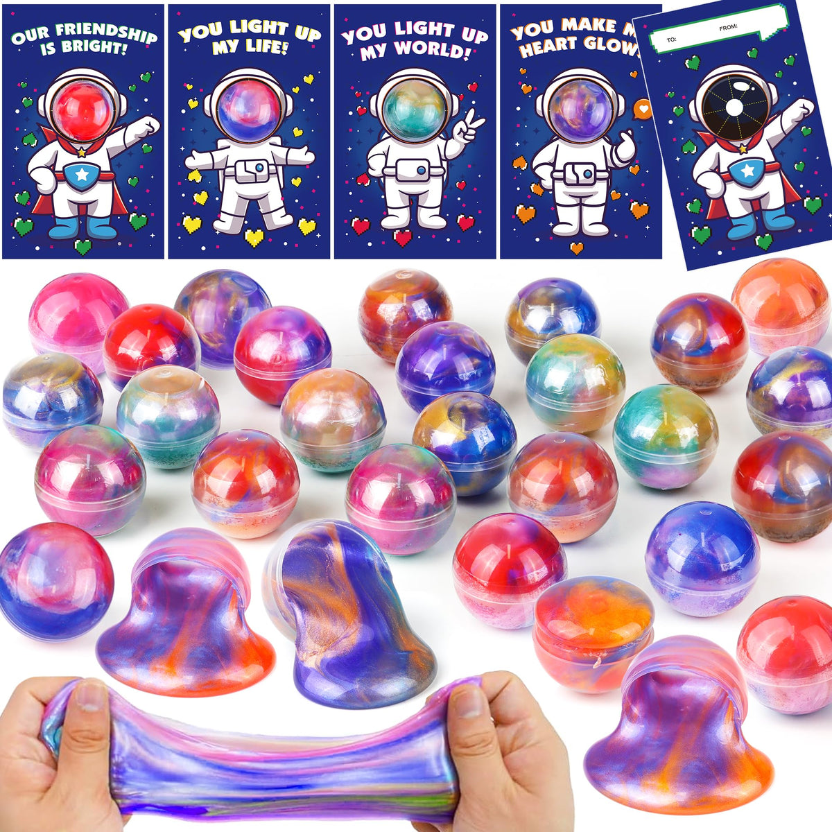 REGTEB 28-pack valentines cards with galaxy slime for classroom gifting and playful exchanges.