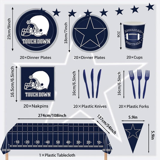 Rejoice Bunny football-themed tablecloth and banner for festive game-day decor