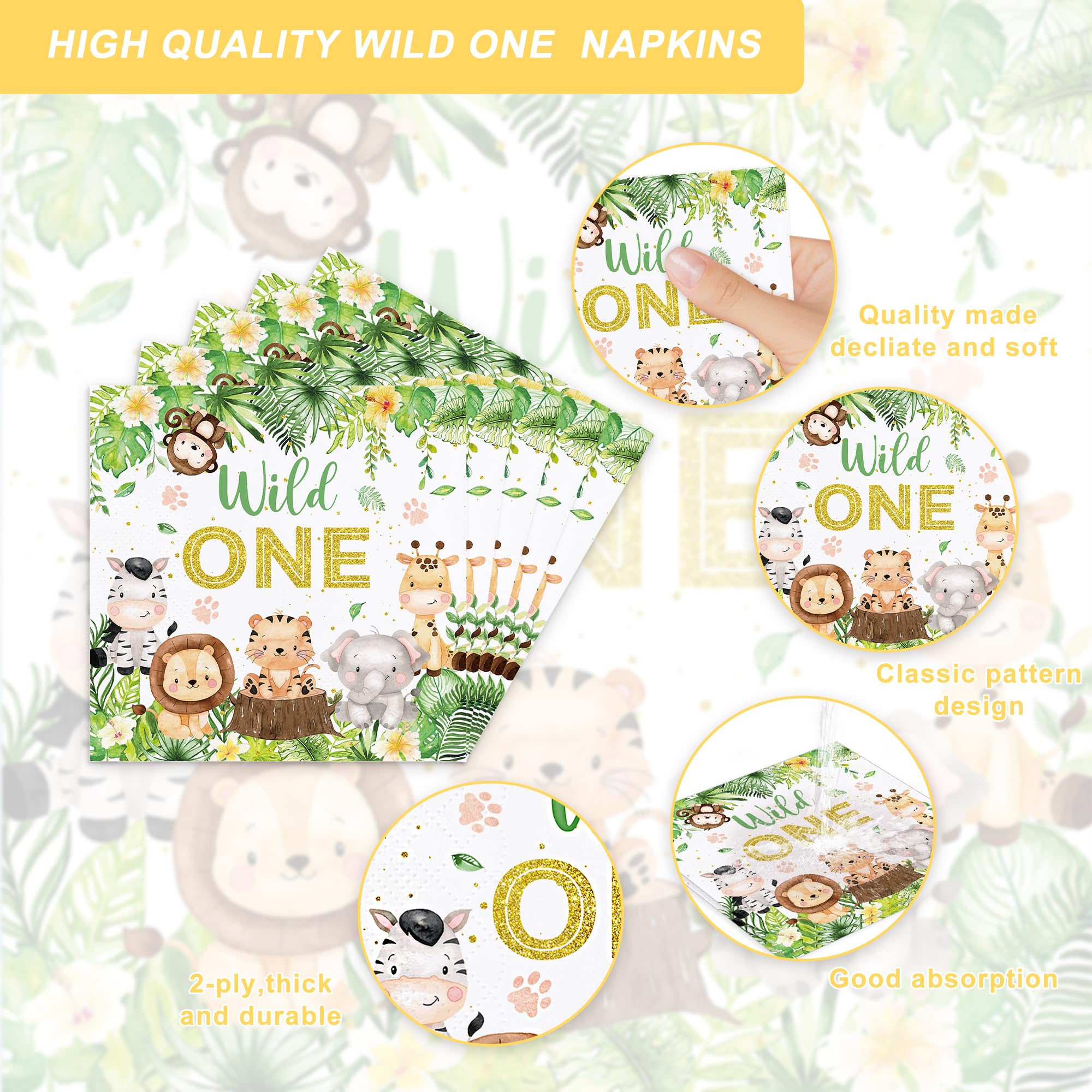 Rejoice Bunny wild one napkins featuring jungle characters for quick cleanup and lively party ambiance