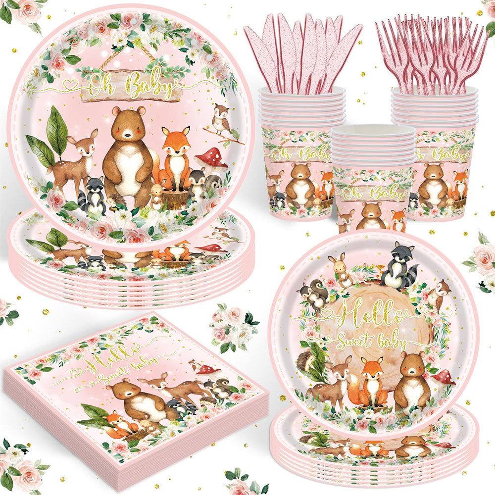 Rejoice Bunny Woodland 9-inch plates with pink safari prints for quick cleanup after kid-friendly meals.