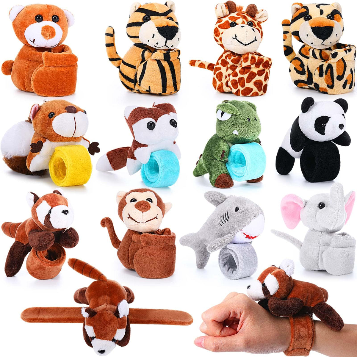 Relaxgiant 12pcs plush animal slap bracelets pack in vibrant designs for kids' play