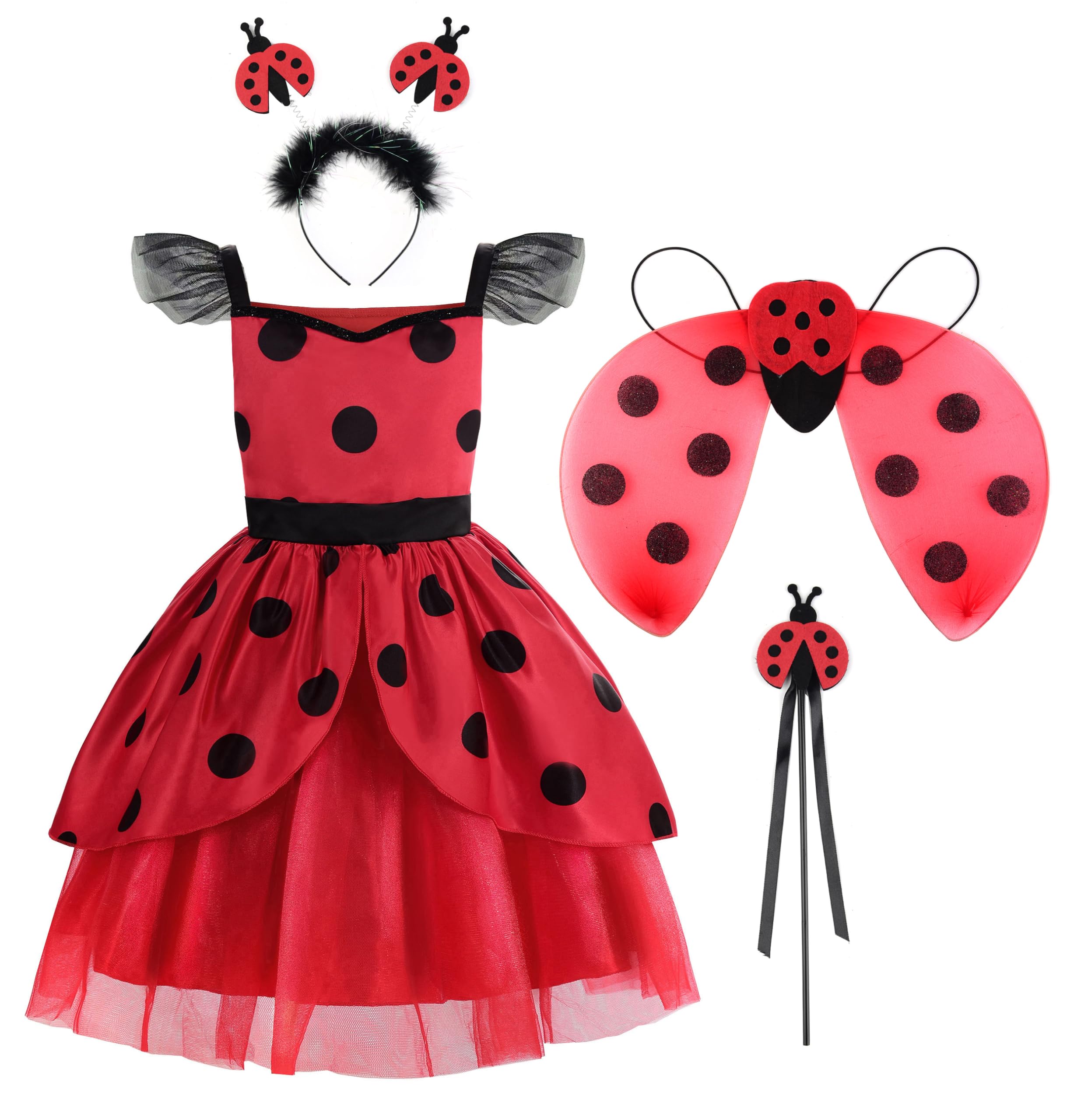 ReliParty Ladybird dress front view, ideal for imaginative play.
