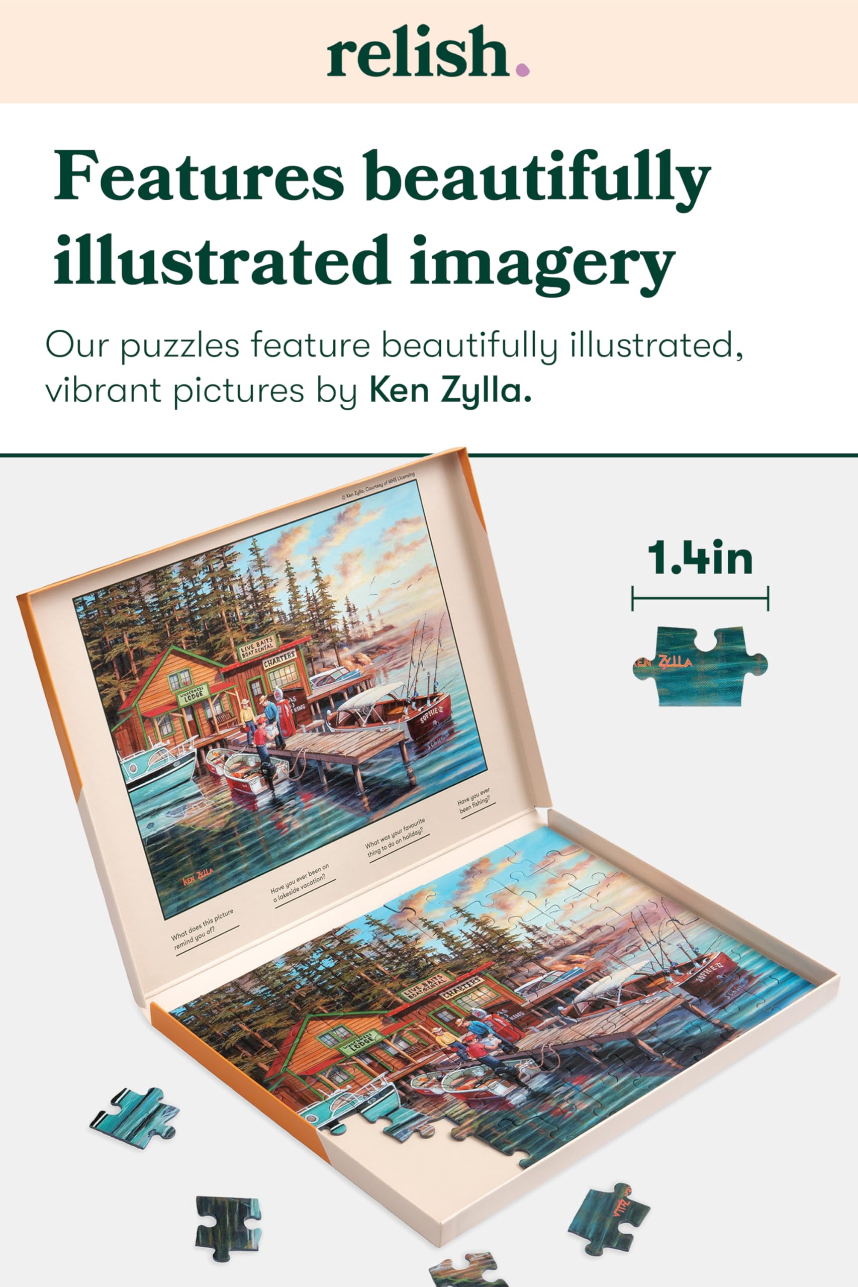 Relish dementia-friendly puzzle cardboard close-up, durable pieces for repeated use.