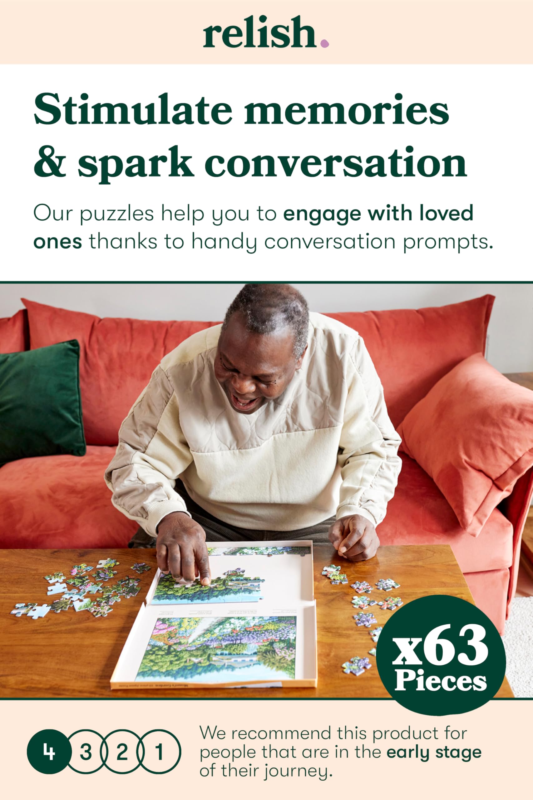 Relish Lakeside Vacation Puzzle pieces, large and easy-to-handle for tactile engagement.