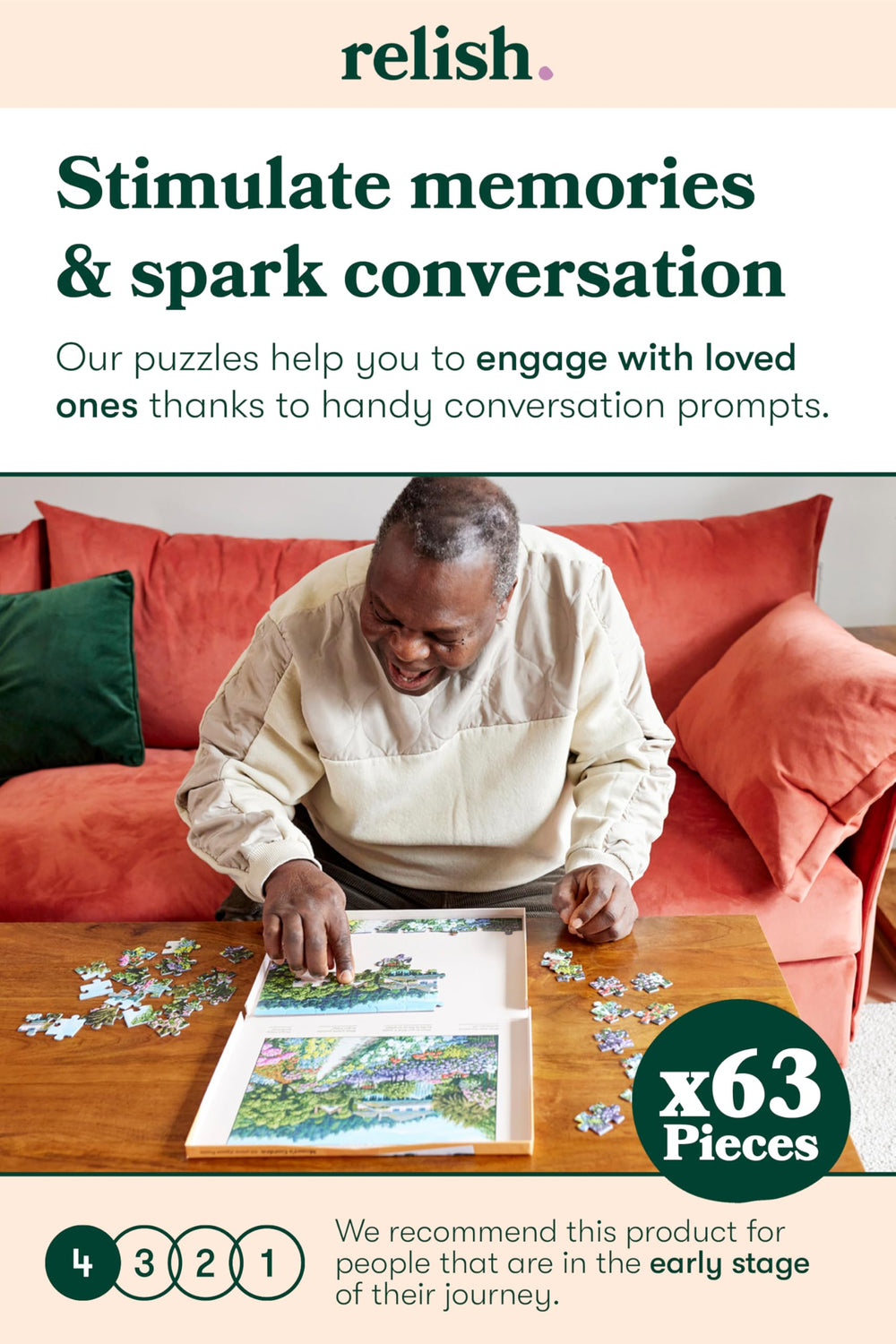 Relish Lakeside Vacation Puzzle pieces, large and easy-to-handle for tactile engagement.