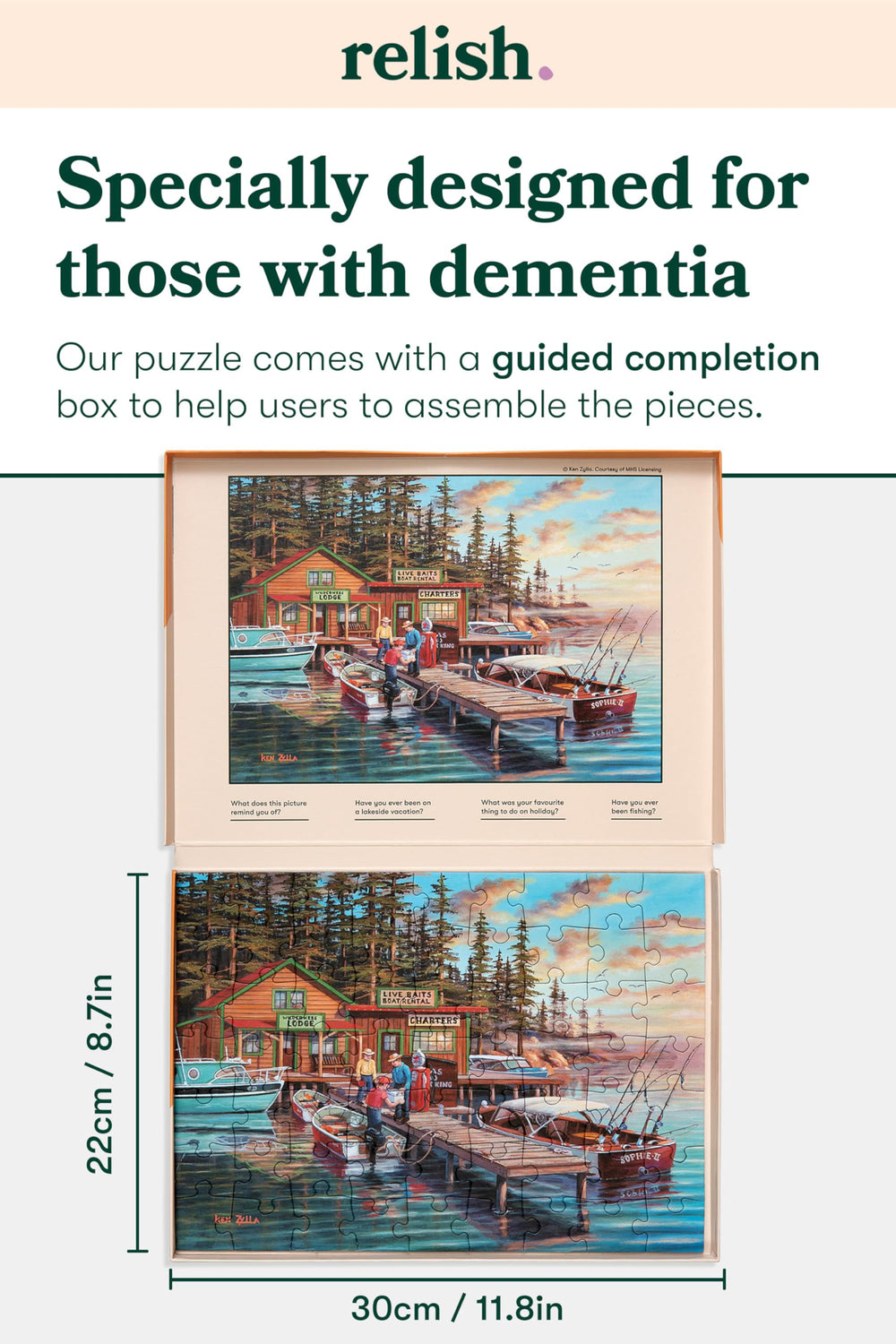 Relish puzzle guide box, helps with step-by-step completion and confidence.