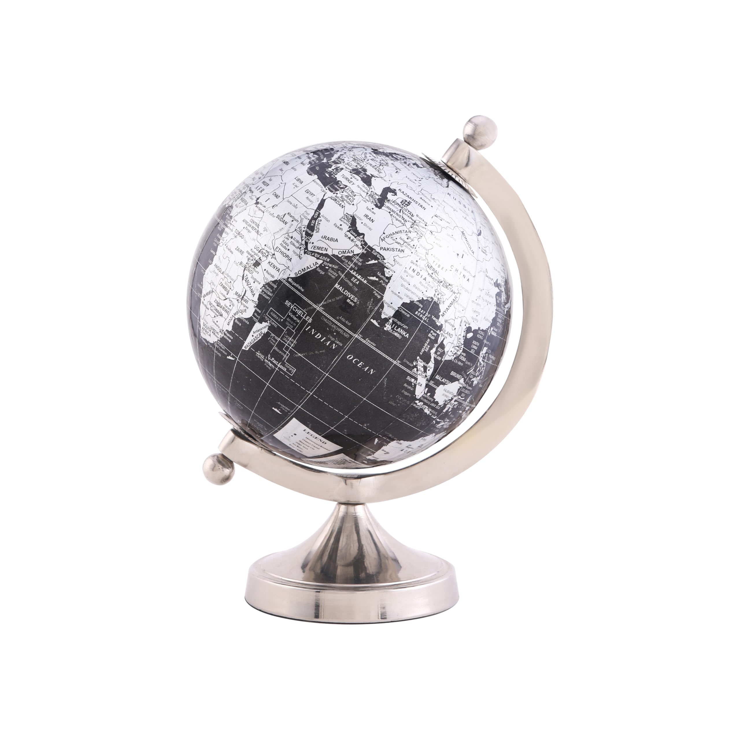 Rely+ 5-inch globe in black with silver stand adds stylish desk decor.