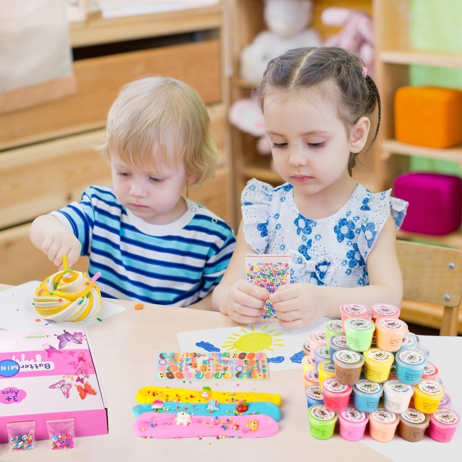 Remethsu Butter Slime Kit 68-pack designed for kids 4+ with elastic, creative textures.