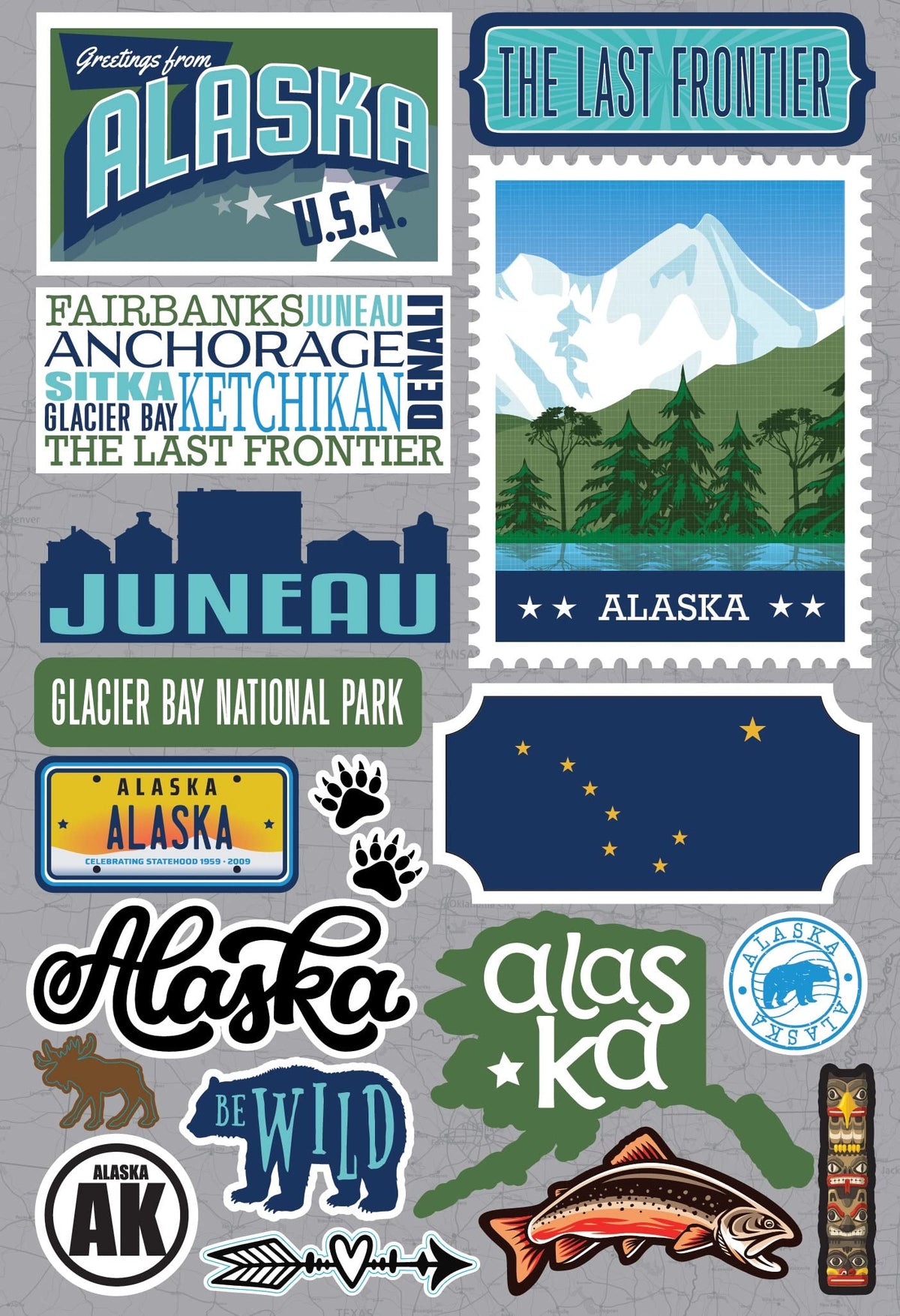 Reminisce Jet Setters 3.0 Alaska state sticker closeup showing dimensional detail for scrapbooking