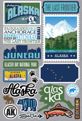 Reminisce Jet Setters 3.0 Alaska state sticker closeup showing dimensional detail for scrapbooking