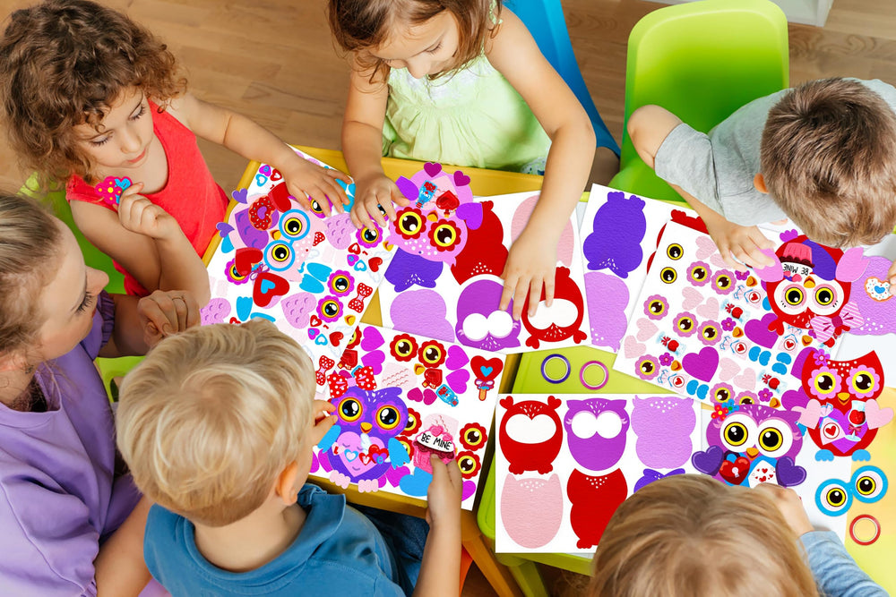 Renbuzhu Valentines Owl Crafts Kit kids assembling owls fosters creativity and imaginative play.