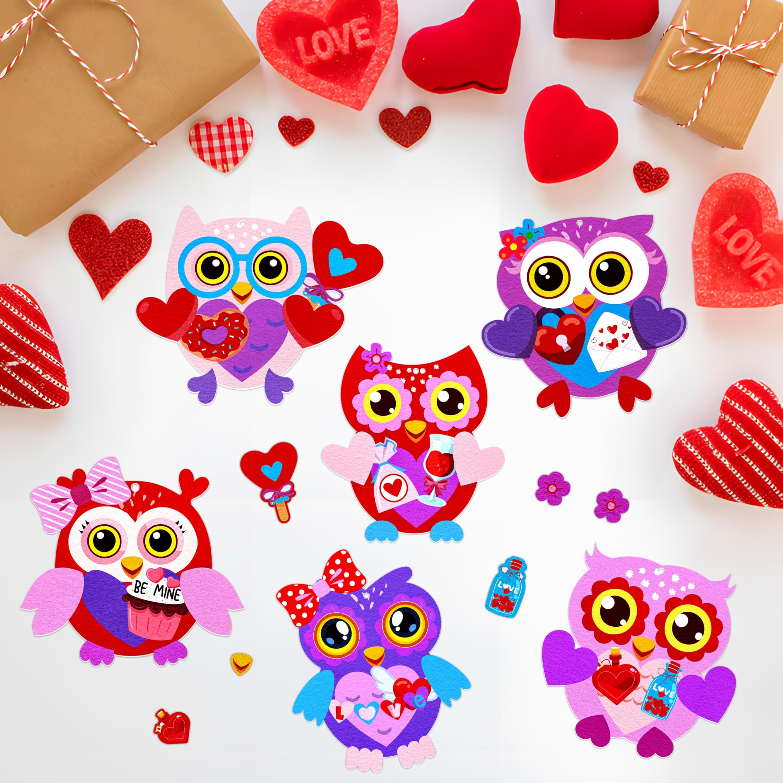 Renbuzhu Valentines Owl Crafts Kit components spread shows felt pieces and simple instructions.