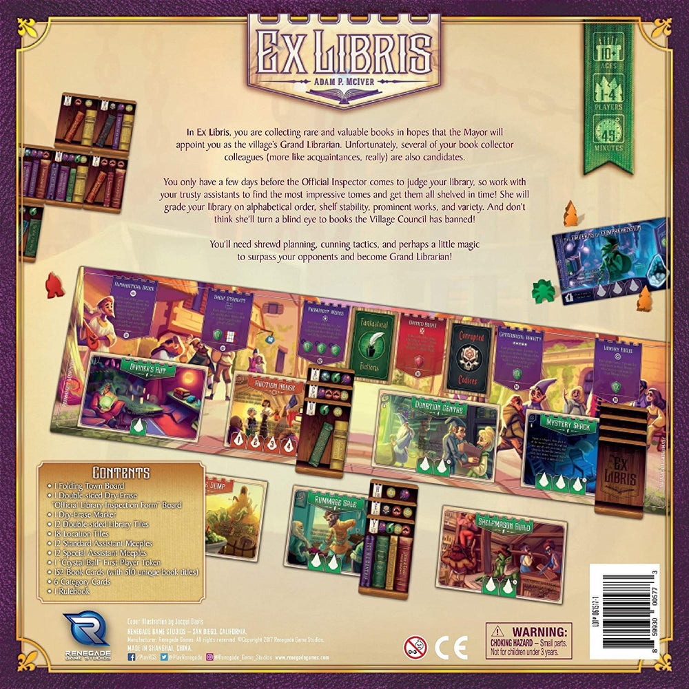 Renegade Game Studios Ex Libris official inspection form board highlights scoring criteria for competitive play.