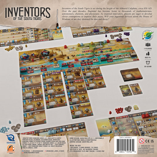 Renegade Game Studios Inventors of the South Tigris device cards on the House of Wisdom table.