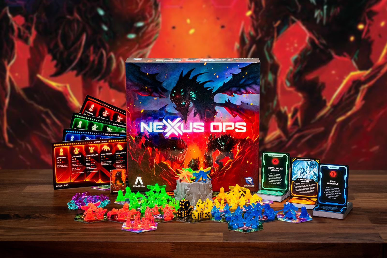 Renegade Game Studios Nexus Ops alien species clash for board control.