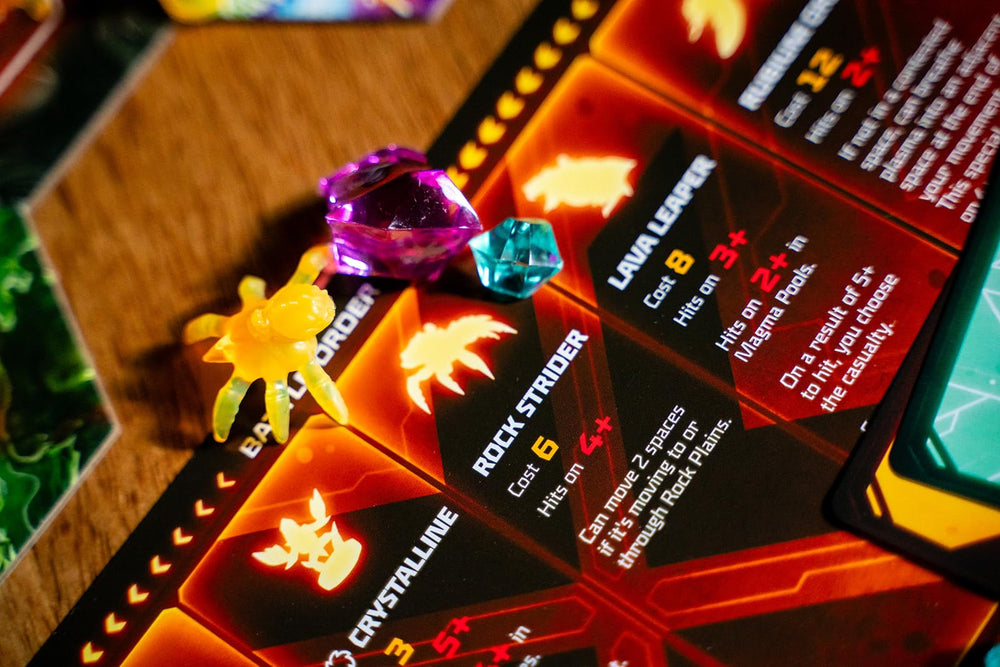 Renegade Game Studios Nexus Ops translucent blacklight minis glow during play.