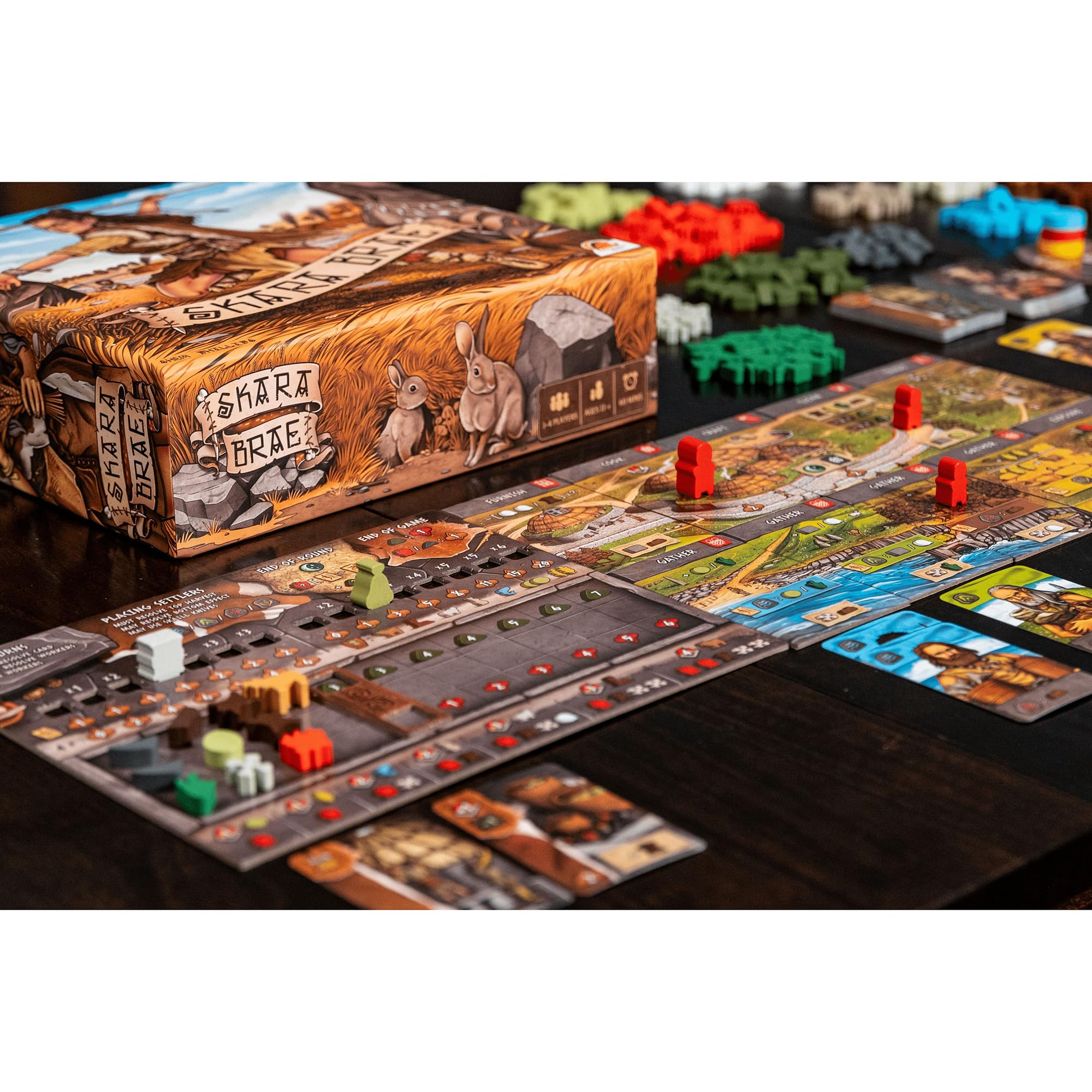 Renegade Games Skara Brae worker tiles showing asymmetric play and player choices
