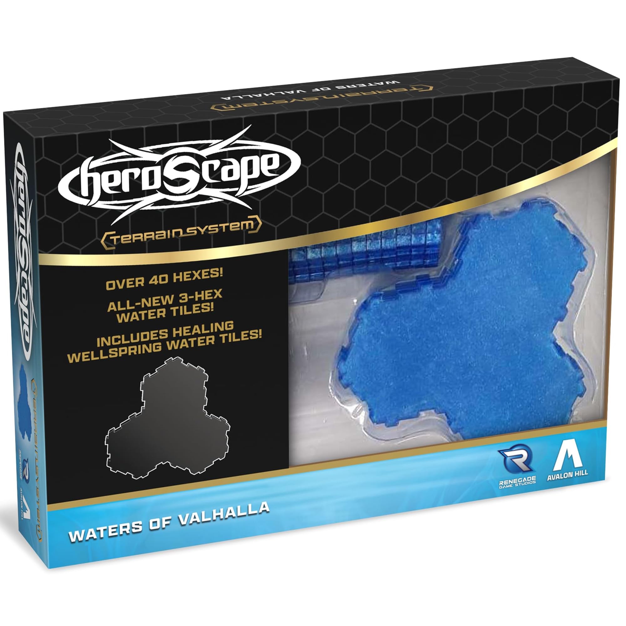 Renegade Heroscape Waters of Valhalla water tiles shimmer on a blue battlefield