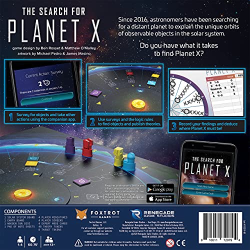 Renegade Game Studios Planet X app scan screenshot prompts discoveries and decisions.