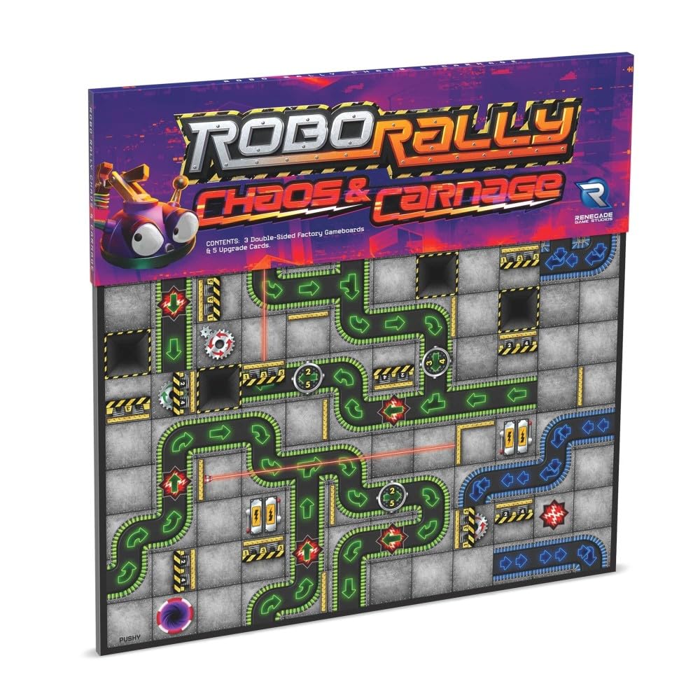 Renegade Robo Rally Chaos Carnage boards show three double-sided layouts for varied battles.