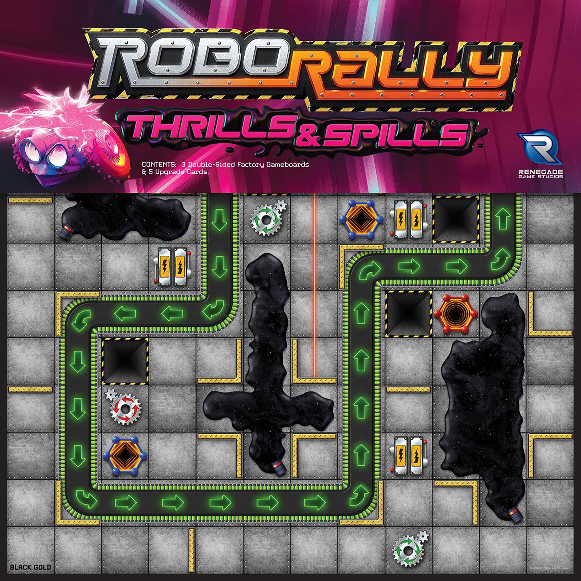 Renegade Game Studios Robo Rally Thrills & Spills expansion on the race board, boosting strategic play