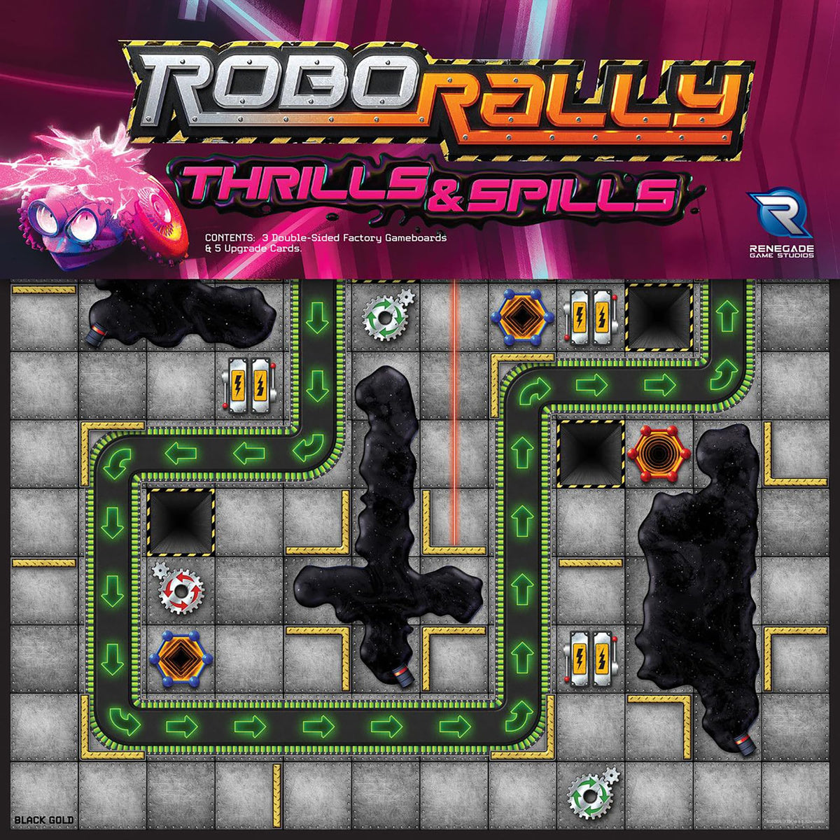 Renegade Game Studios Robo Rally Thrills & Spills expansion on the race board, boosting strategic play