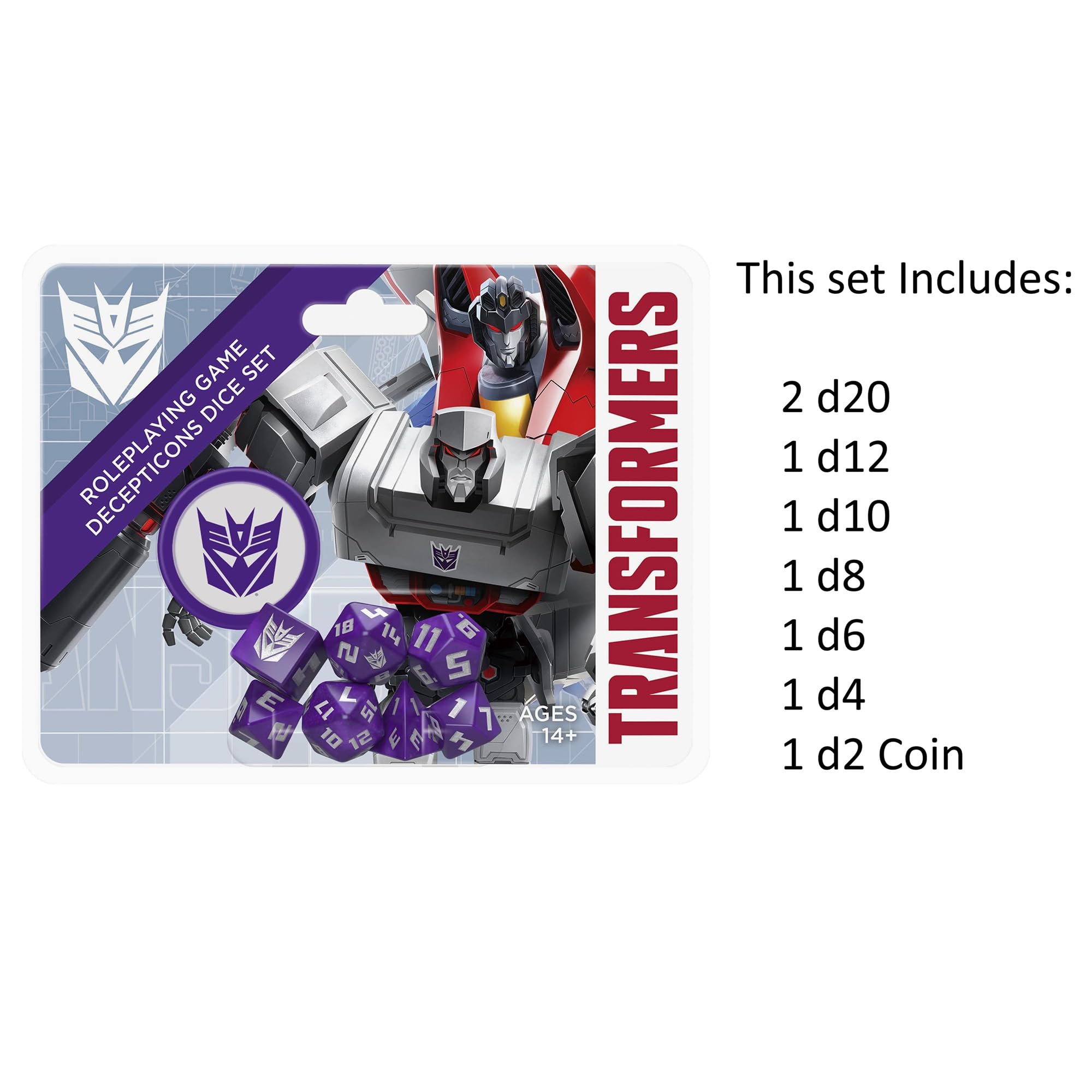 Renegade Transformers Decepticon Dice Set, 2d20 detail, boosts dramatic success chances.