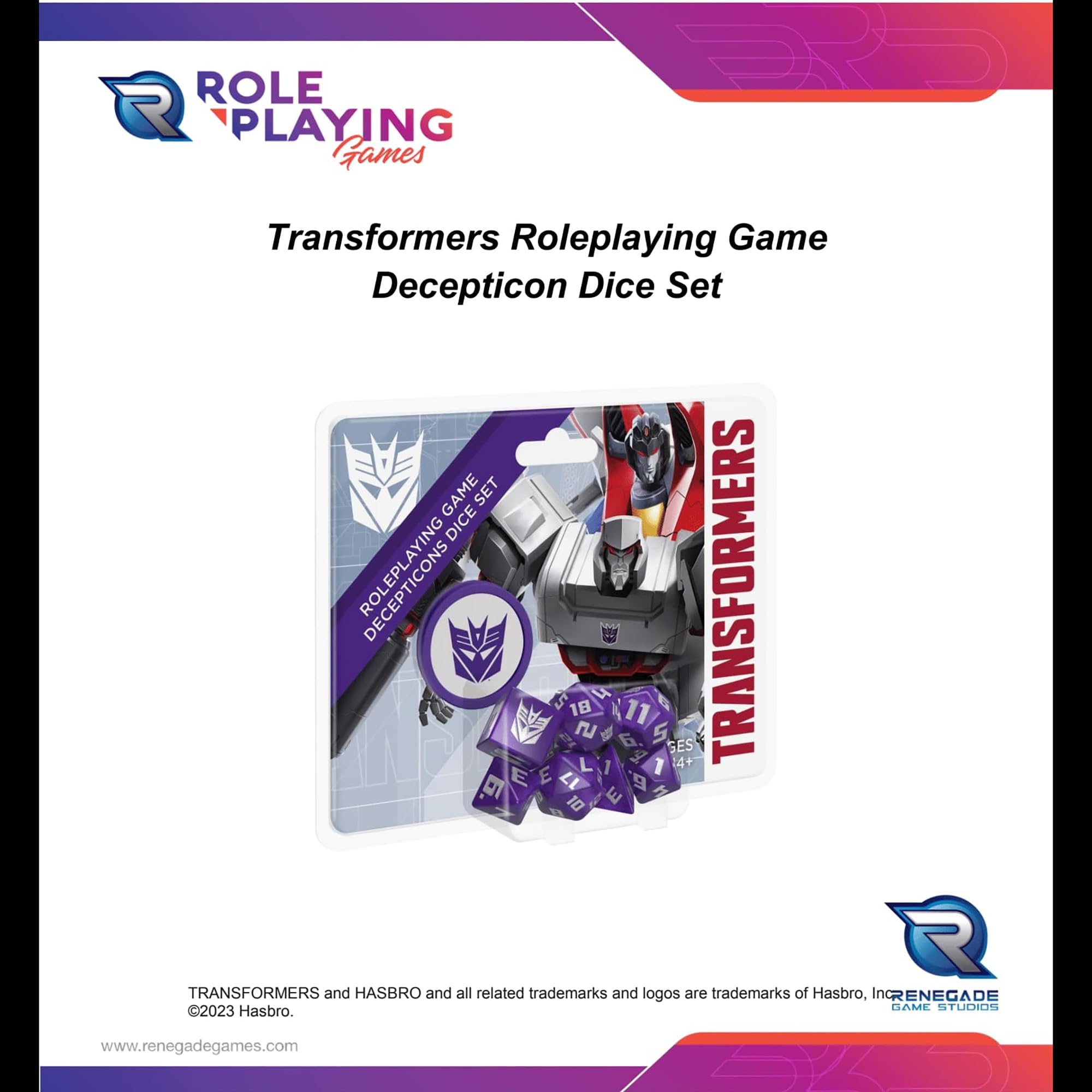 Renegade Transformers Decepticon Dice Set, scale view, perfect for close-up display in photos.
