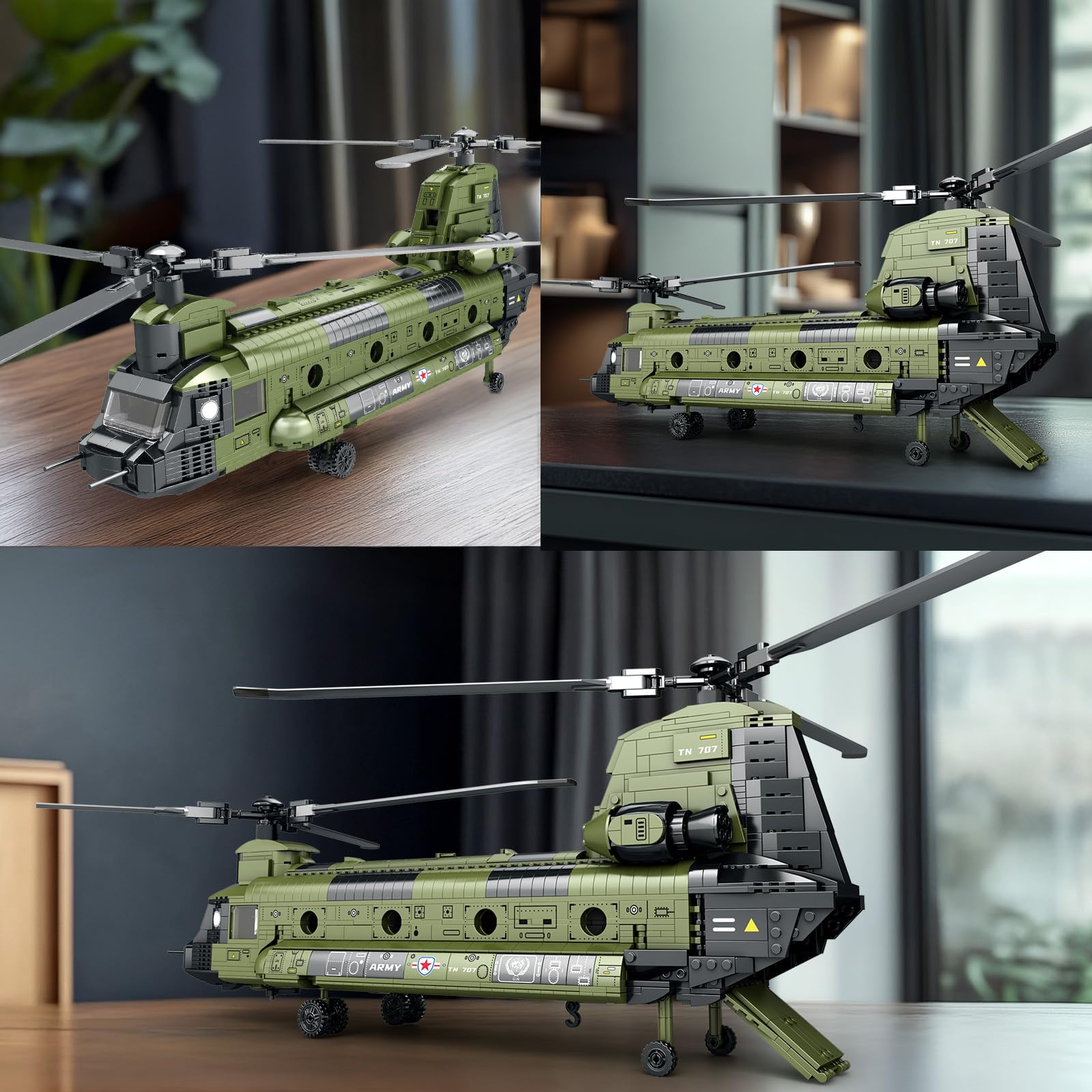 Reobrix CH-47 fuselage and tail details mirror a real helicopter for display.