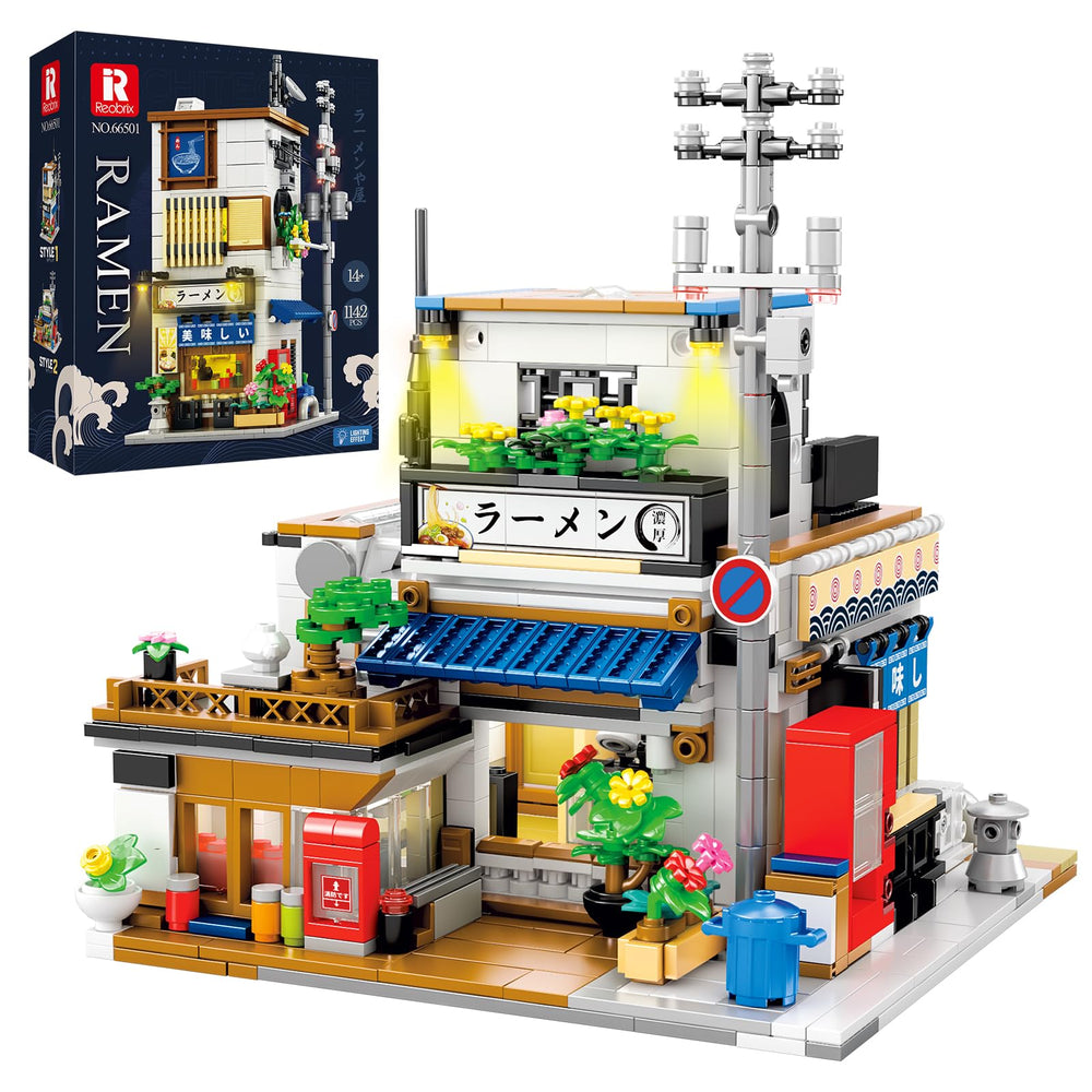 Reobrix Japanese ramen shop blocks with light create a warm desk display.