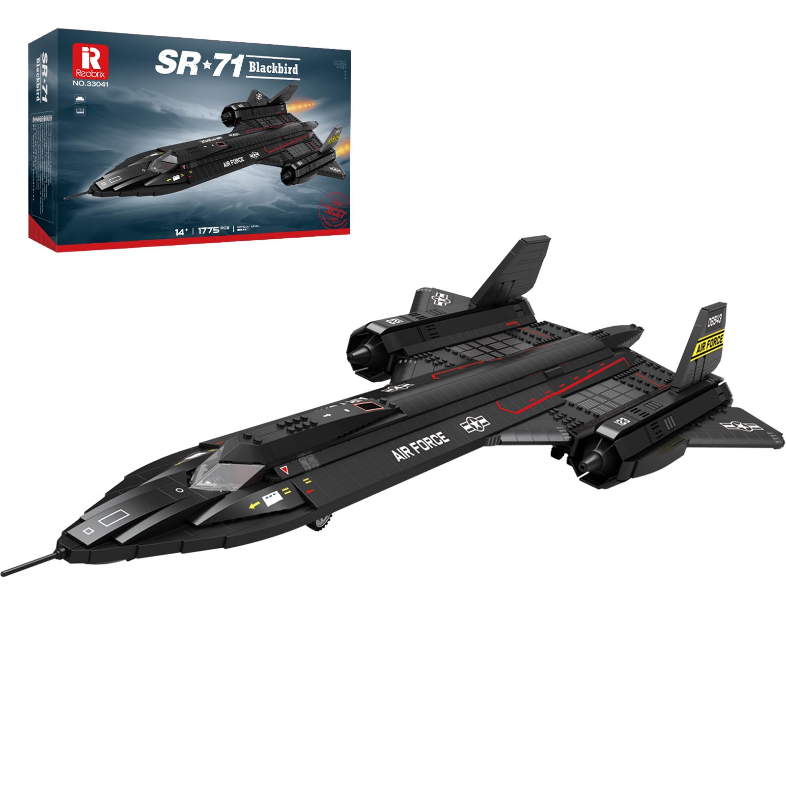 Reobrix SR-71 Blackbird model on display, showcasing a sleek fuselage for desk decor.