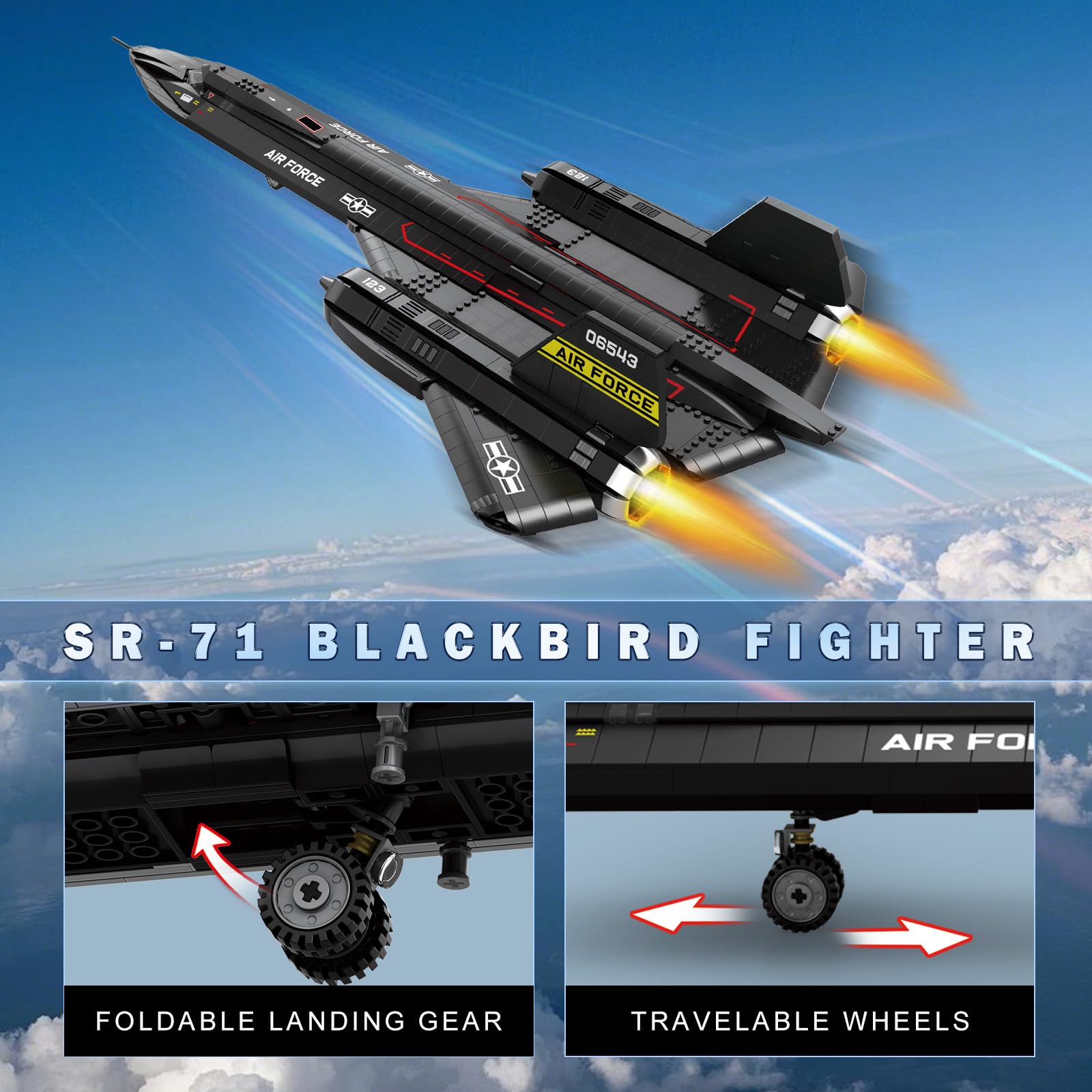 Reobrix SR-71 spring-loaded landing gear enables realistic takeoff and landing play.