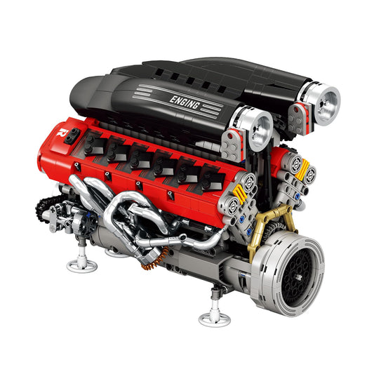 Reobrix V12 engine-building-kit-parts showing detailed components for study and display