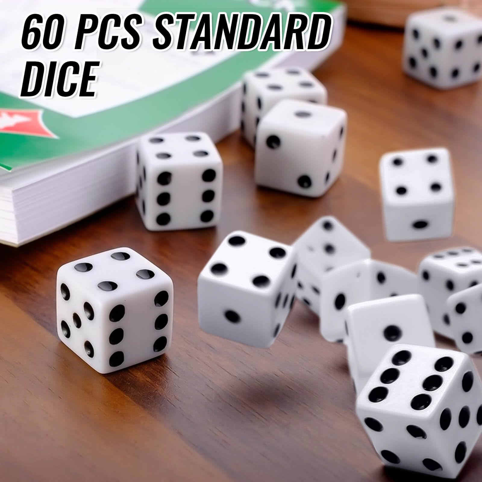 Rerdeim closeup of white dice shows clear black pips for easy reading.