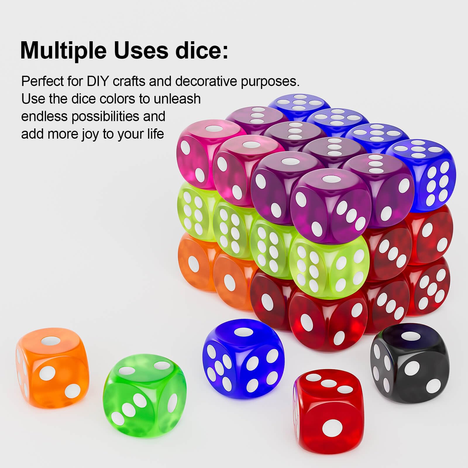 Rerdeim classroom dice in 60-piece set, durable acrylic with rounded edges.
