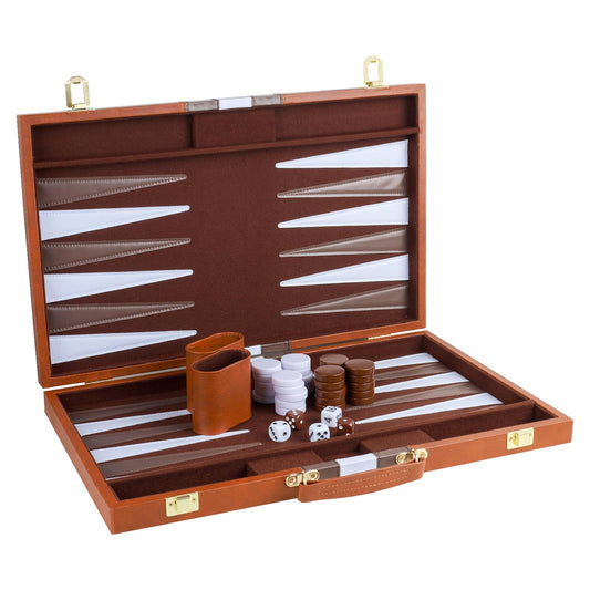 RERIVER backgammon board 18-inch brown in travel-ready leather case.