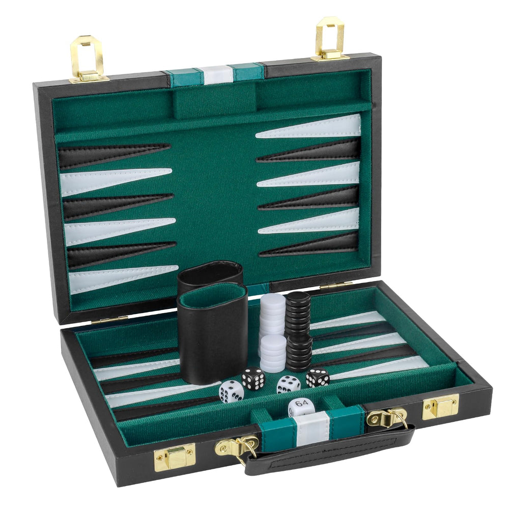 RERIVER Backgammon Set in a black PU leather case with a convenient carry handle.