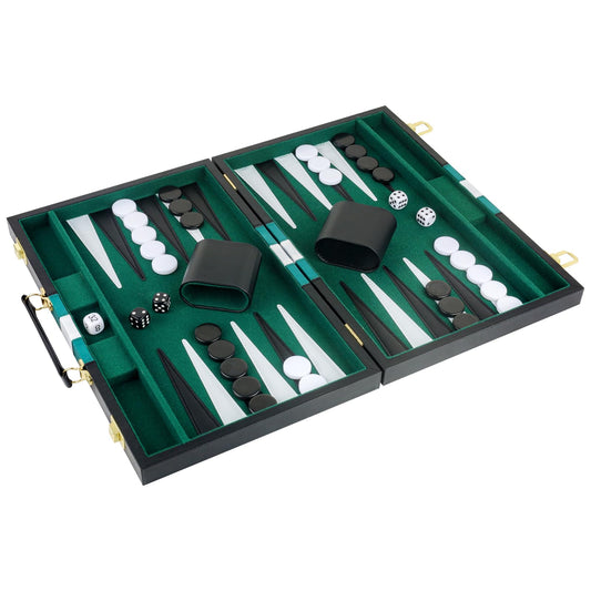 Open RERIVER Backgammon Set showing compact 14 x 11 inch playing area.
