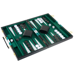 Open RERIVER Backgammon Set showing compact 14 x 11 inch playing area.