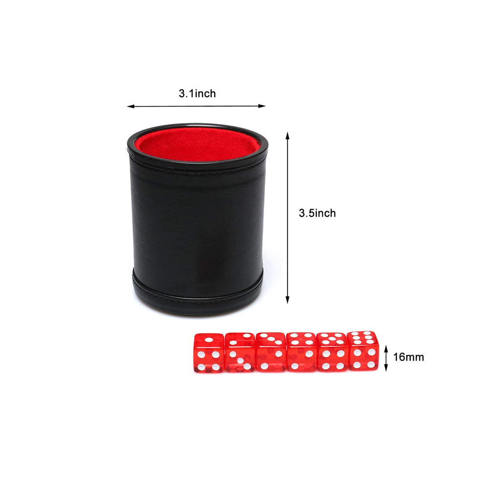RERIVER dice cup detail with red translucent dice against velvet interior.