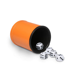 RERIVER felt-lined dice cup with orange leatherette exterior for quiet, family-friendly play.